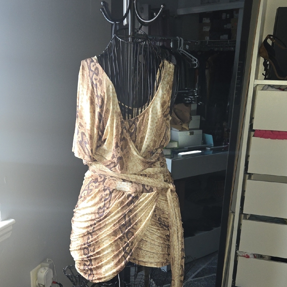 bebe Snake-Print Mini Dress in Beige and Brown